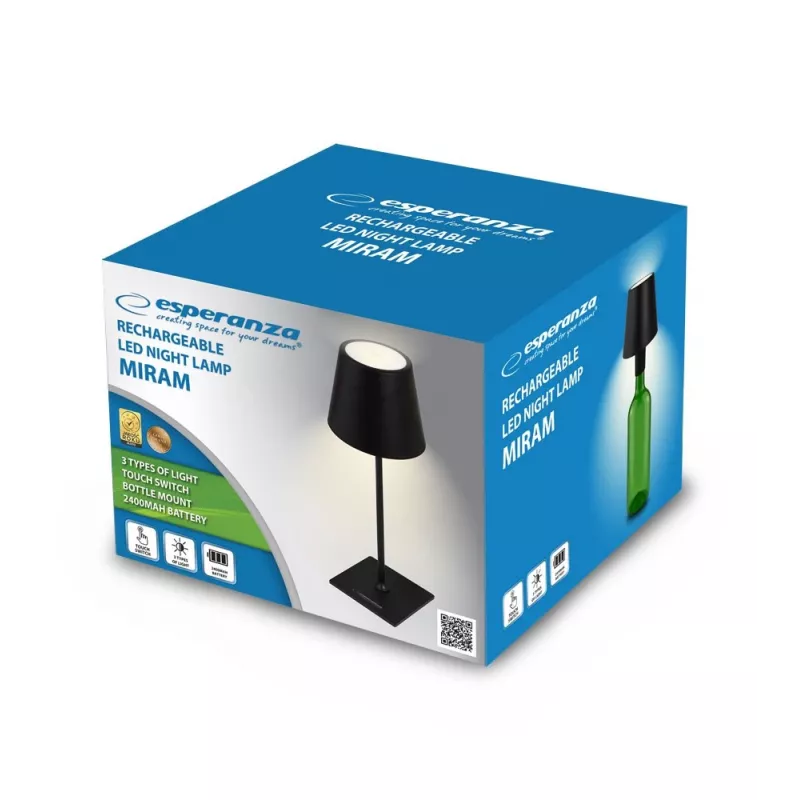 Tisch LED Schreibtischlampe ESPERANZA ELD119K Schwarz — 3W, 4000K, 200 lm, USB-C, 2400 mAh Batterie, 400 mm Höhe