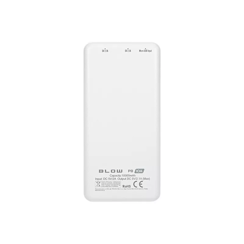 Tragbares Ladegerät Powerbank BLOW PB10A 10000mAh (37Wh), 2x USB-A-Ausgänge, 22,5W gesamt, Micro-USB-Eingang, Polymer-Akku