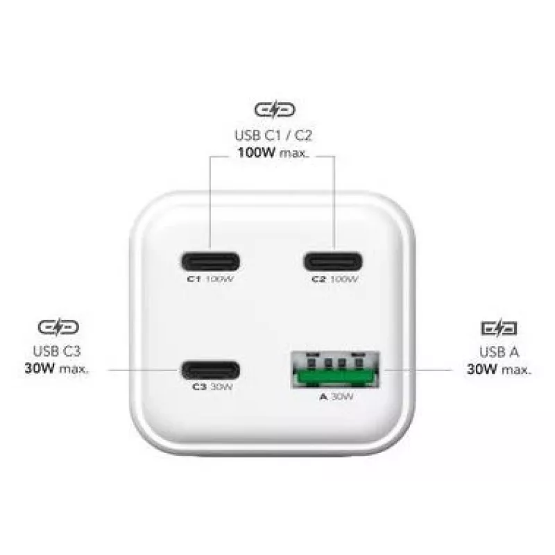 MediaRange MRMA124 mobiles Ladegerät 100W AC, 3x USB-C, 100–240V Eingang, 1,5 m Kabel, Weiß