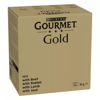Nassfutter für Katzen Purina Nestlé GOURMET Gold Mus Mix — 96 x 85 g, 4 Sorten, ausgewachsene Katzen, 77,5 % Feuchtigkeit