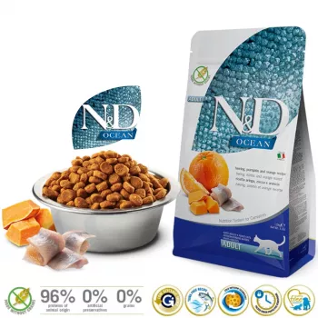 Trockenfutter für Katzen Farmina Hering Kürbis Orange Adult 1,5 kg – 44 % Protein, 20 % Fett, gluten- und sojafrei