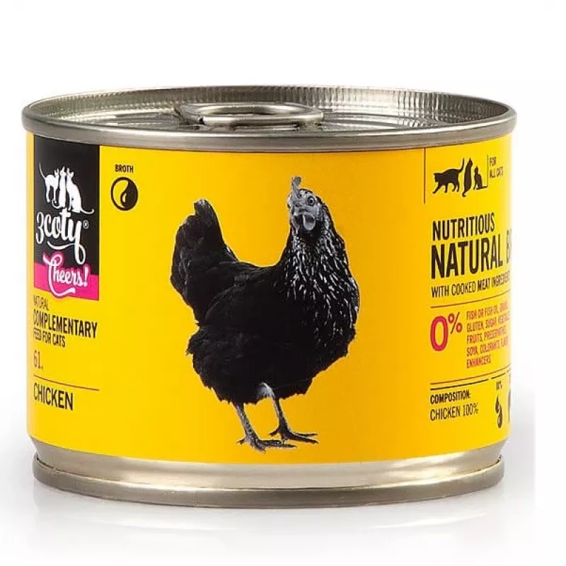 Ergänzungsfuttermittel für Katzen 3coty CHICKEN Cheers! 160 g — Nassfutterdose, Hühnchengeschmack, 160 g, Protein 12%, Fett 7,5%, Feuchtigkeit 80%