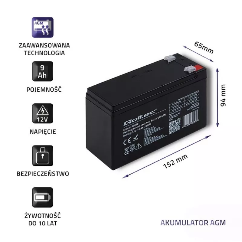 USV-Batterie QOLTEC 53031 12V 9Ah grün, 152×94×65 mm, 2,35 kg