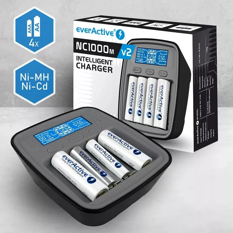 Batterieladegerät everActive NC1000MV2 – Ni-MH 4-Schacht USB-C Ladegerät, 4 Zellen, 5V, schwarz, 110×99×38 mm