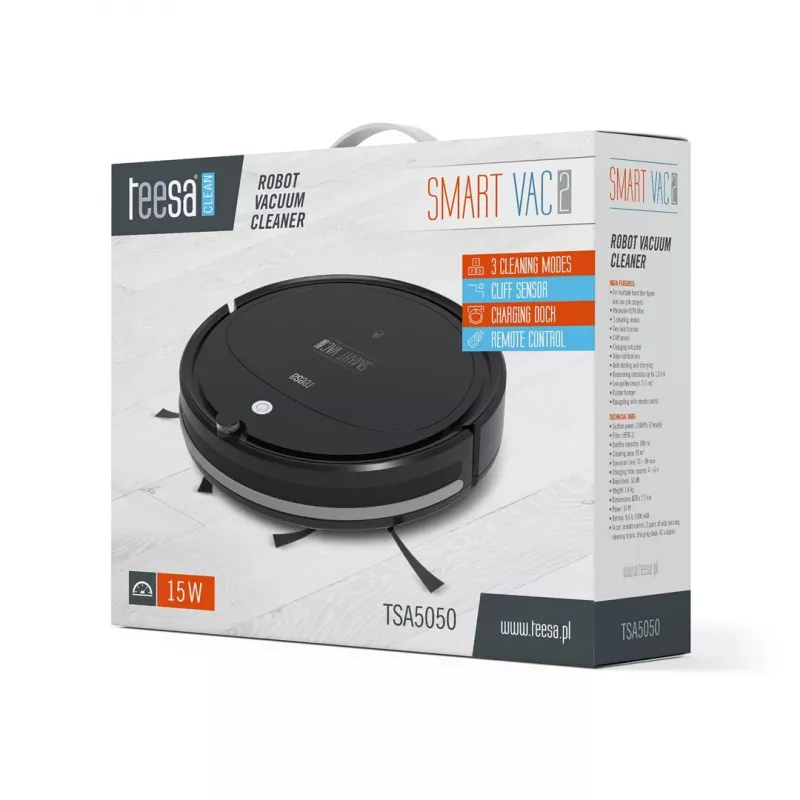 Roboterstaubsauger TEESA Smart VAC 2 — rund, schwarz, 1000 Pa Saugleistung, 9,6 V/2000 mAh Li-Akku, 0,2 l Staubbehälter, WLAN, automatische Rückkehr
