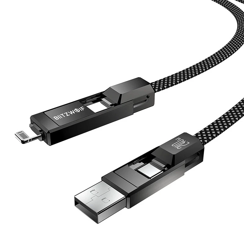 4-in-1-Kabel BlitzWolf BW-HDC7 — USB-C, Lightning, USB-A, Micro-USB 1,2 m 240 W schwarz