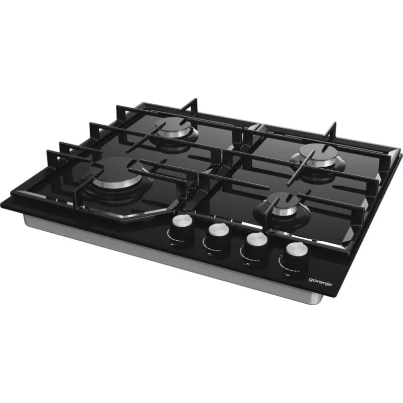Gasherd Gorenje GT641KB, Einbau 60 cm, 4 Gaszonen, gehärtetes Glas, Gusseisenroste, Drehknöpfe