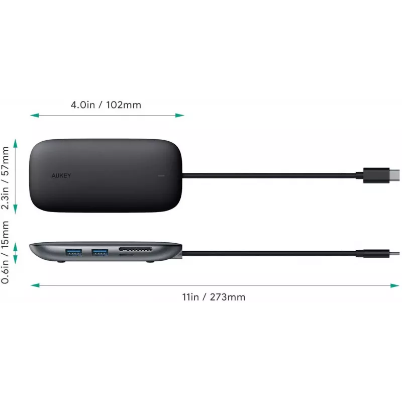 Laptop-Dock AUKEY CB-C71 — 3x USB‑C (USB 3.2 Gen1), HDMI, RJ‑45, MicroSD, USB PD 100 W, 0,15 m Kabel, schwarz