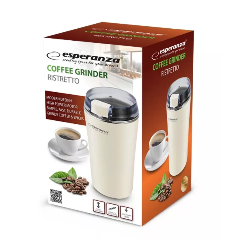 Kaffeemühle mit Edelstahlmesser ESPERANZA EKC008W, 160 W, 70 g Kapazität, 8,7 cm Durchmesser, 17 cm Höhe, weiß