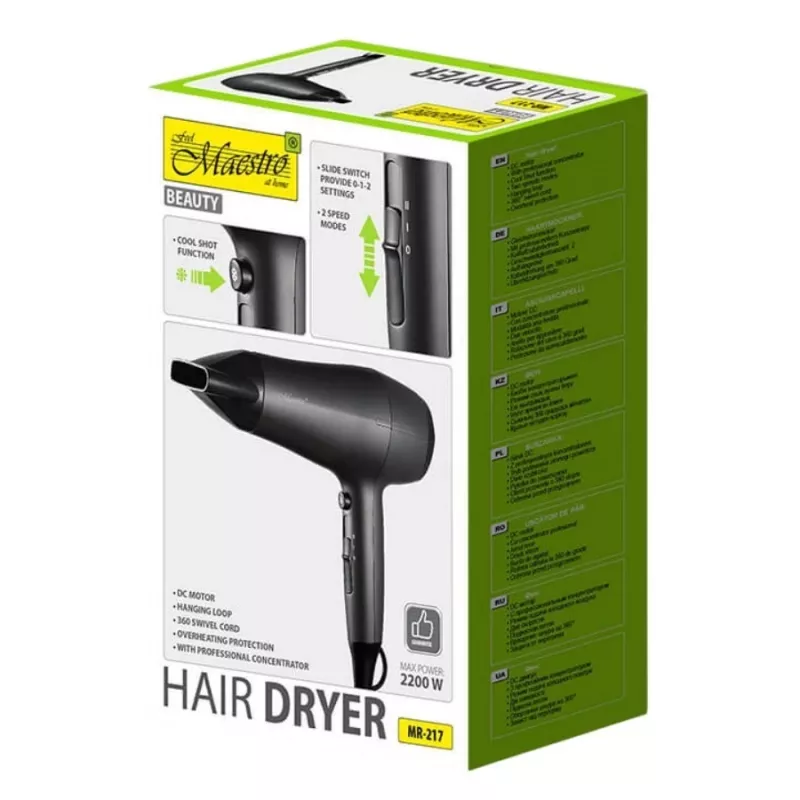 Haartrockner Maestro MR-217 2200 W, DC-Motor, 2 Geschwindigkeiten, Kaltstufe, Stylingdüse, schwarz-graphit