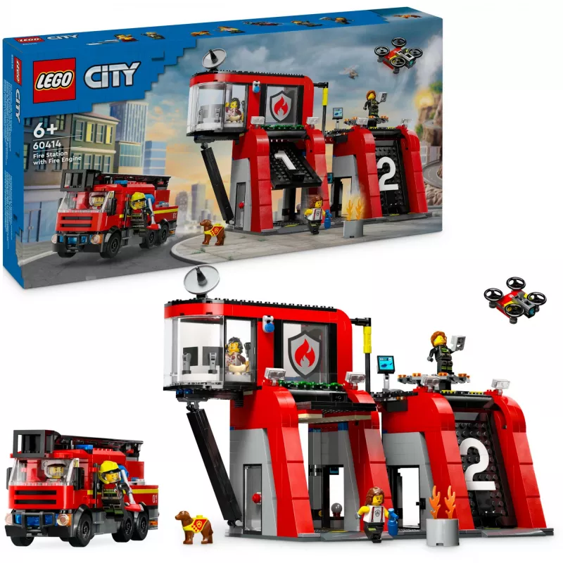 Konstruktionsspielzeug LEGO City Feuerwache mit Drehleiterfahrzeug 60414 — 843 Teile, 5 Minifiguren, 220×320×140 mm