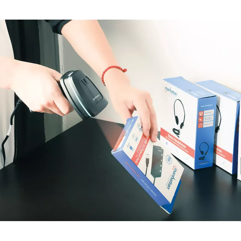 Manhattan 2D Long Range LED Barcode Scanner, USB, 450mm Scan-Tiefe, Max. Umgebungslicht 100.000 Lux (Sonnenlicht), Unterstützt Symbologien - 1D (x21 Versionen) und 2D (x10 Versionen), Scanner RJ45 zu USB 1,8m Kabel (gängigster Typ, USB-A), Schwarz, 3 Jahre Garantie