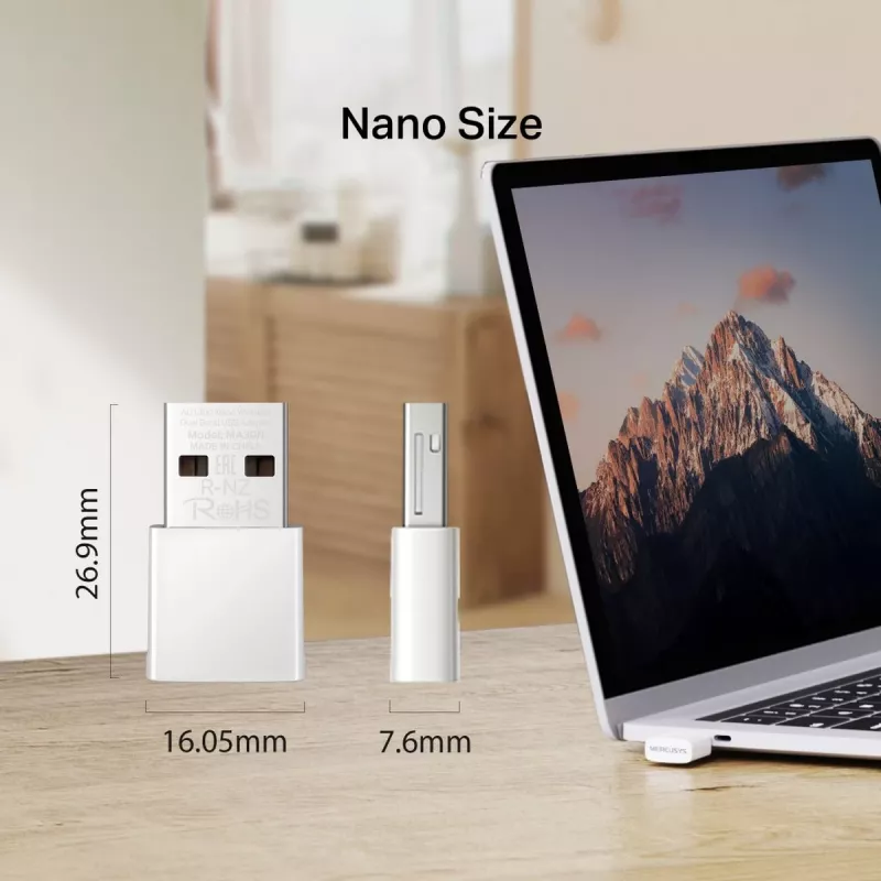 Netzwerk-USB-Adapter MERCUSYS MA30N — Dualband-WLAN (2,4/5 GHz), 400/867 Mbit/s, USB 2.0, interne Antenne, Weiß