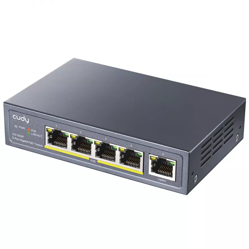 Cudy GS1005P Netzwerk-Switch — 5-Port Gigabit Ethernet mit 4 PoE-Ports, 60 W Gesamtleistung, Metallgehäuse, rackmontierbar