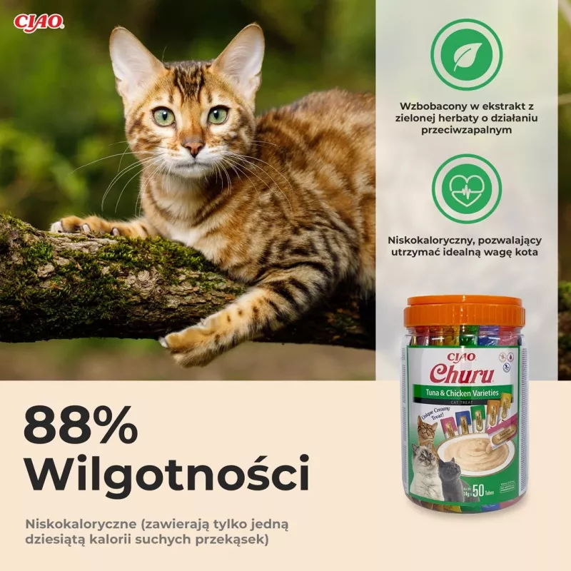 Feuchte Katzenleckerlis INABA Churu Sorten — Huhn und Thunfisch, 50 x 14 g Pastentuben, getreidefrei, gluten- und zuckerfrei