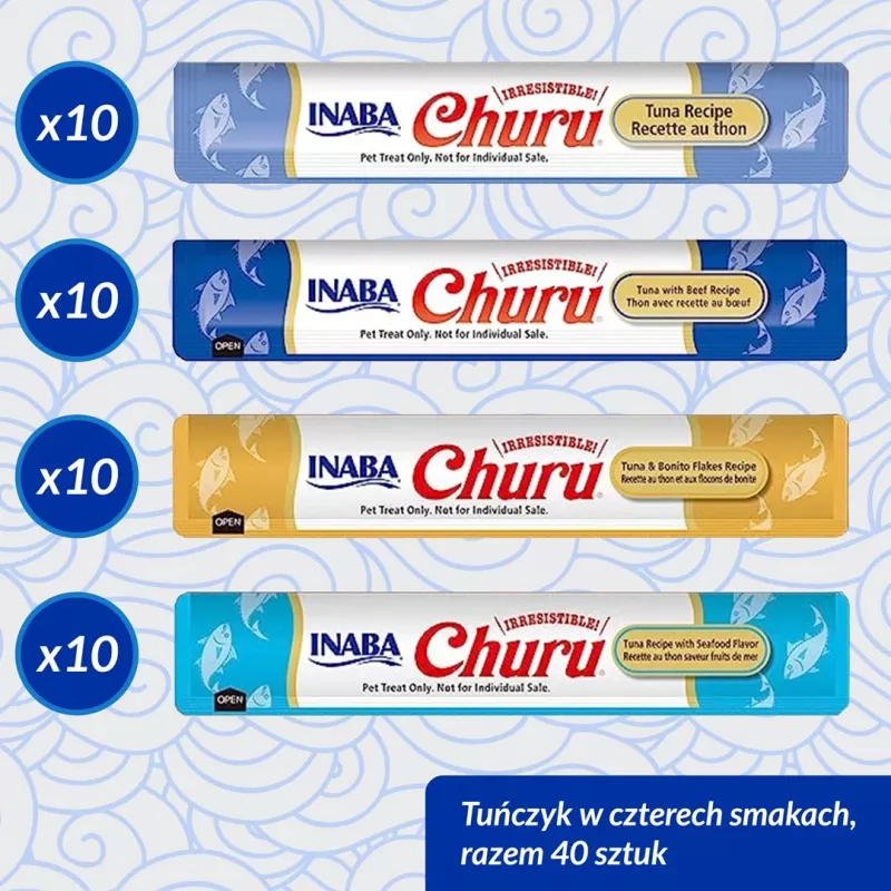 Feuchte Katzenleckerlis INABA Churu Sortimentsbox Thunfisch mit Meeresfrüchten — 40 x 14 g Pastenbeutel, getreidefrei, zuckerfrei