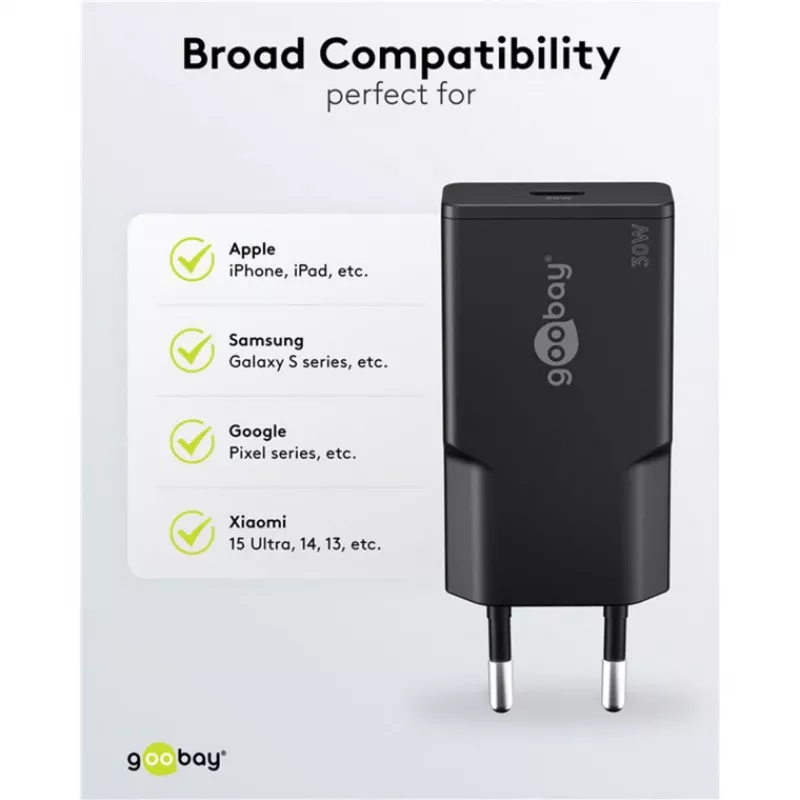 Goobay USB-C™ PD GaN Schnellladegerät schlank (30 W) schwarz