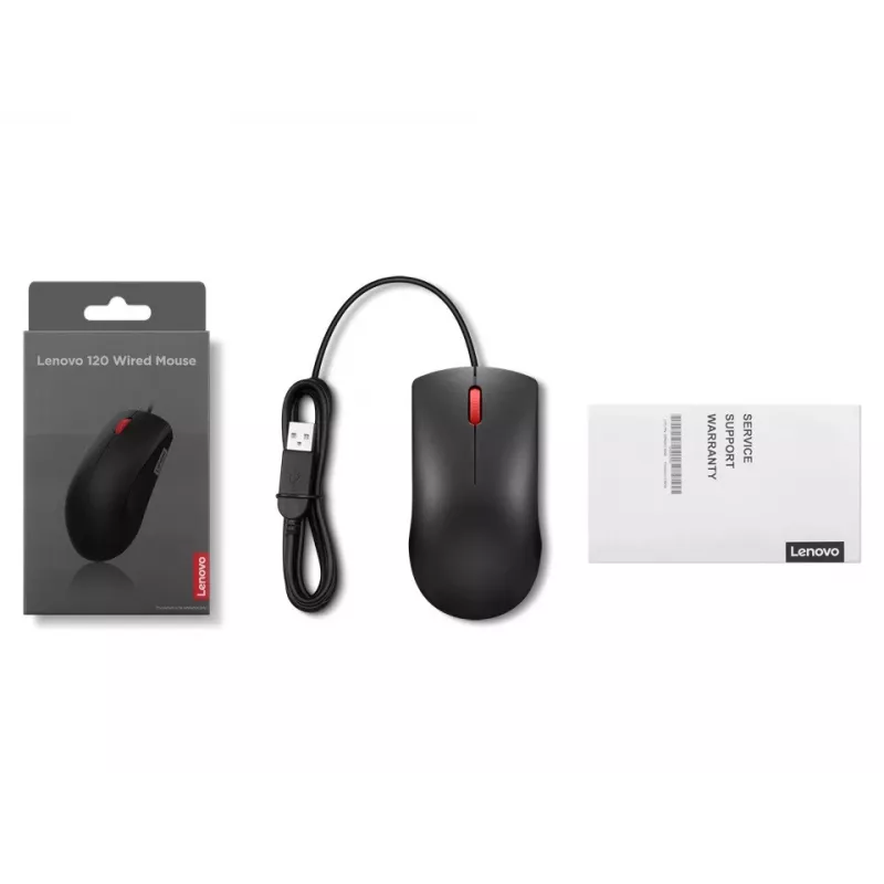 Kabelgebundene USB-A-Maus Lenovo 120 — Schwarz, beidhändig, 1600 DPI, 3 Tasten, 1,5 m Kabel