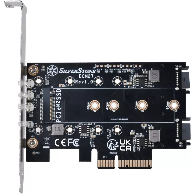 Silverstone SST-ECM27 M.2/SATA Adapterkarte, PCIe 4.0, 1x M-Key, 2x SATA 6G - Low Profile