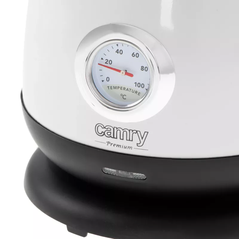 Wasserkocher Camry CR 1344 — 1,7 l, 2200 W, Edelstahl, integriertes Thermometer, 360°-Basis, weiß