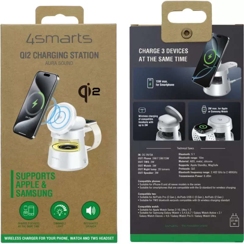 Kabelloses Ladegerät 4smarts Qi2 Aura Sound Weiß – Qi2 schnelles kabelloses Laden, integrierter Lautsprecher