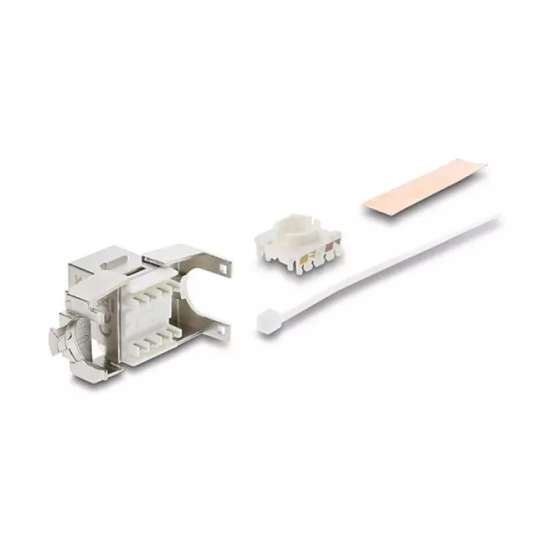 Keystone-Modul DELOCK RJ45 auf LSA Cat.6A geschirmt werkzeugfrei, flach, silber/weiß, mit Staubschutzkappe