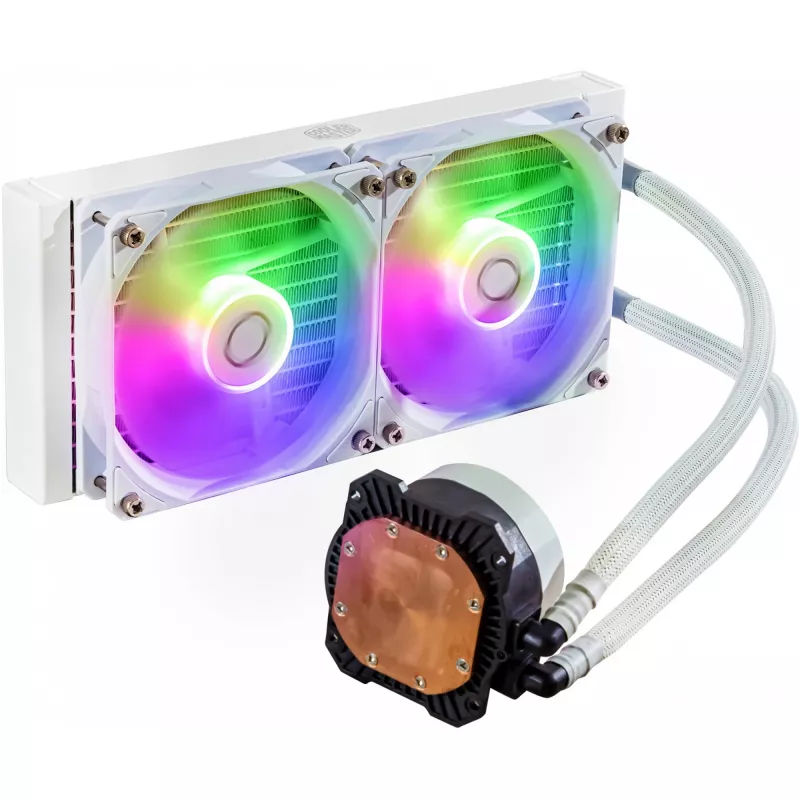 Flüssigkeitskühlungsset Cooler Master MasterLiquid 240L Core ARGB Weiß — 240-mm-Radiator, 120-mm-Lüfter, unterstützt LGA1700/AM5/AM4 und ältere Sockel