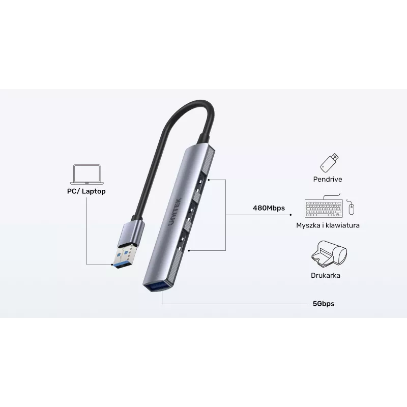 USB-Hub Unitek H1208A — 4 Ports (1 × USB 3.2 Gen 1 Typ-A, 3 × USB 2.0), Aluminiumgehäuse, grau, 0,20 m Kabel