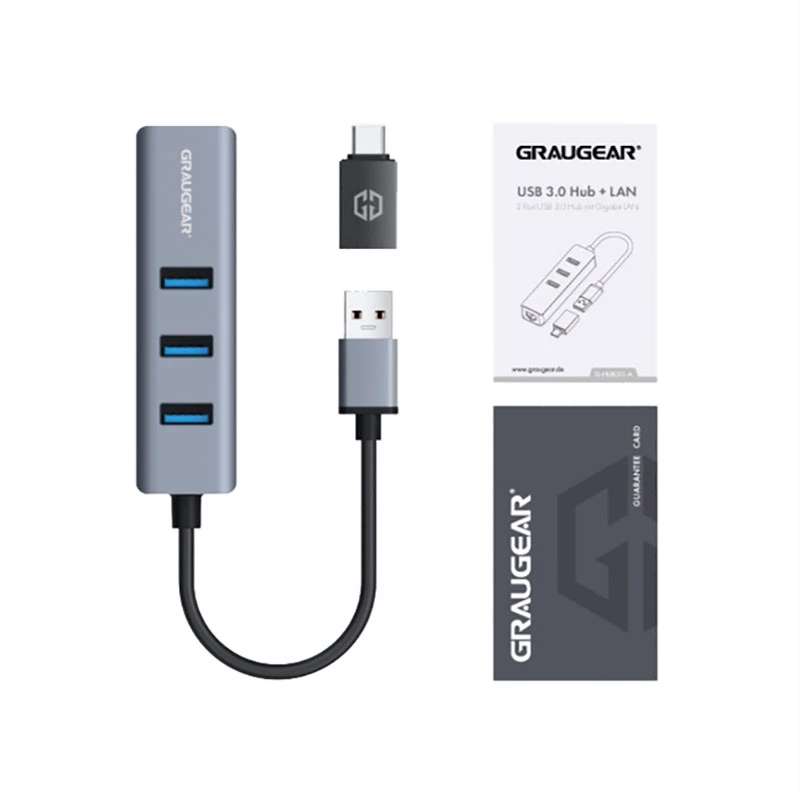 GRAUGEAR USB Hub G-HUB31L-A — USB 3.2 Gen 1 Typ-A-Host, 3x USB 3.2 Gen 1 Typ-A-Ports + RJ-45, 5000 Mbit/s