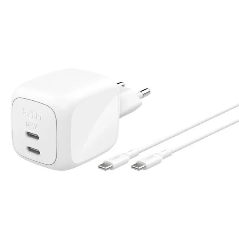 Indoor-AC-Schnellladegerät Belkin WCH020KQ2MWH-B6 – 2x USB-C, 2 m integriertes Kabel, weiß