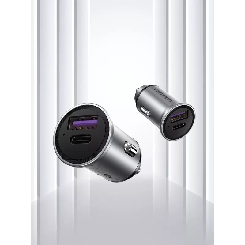 Vention Zwei-Port USB A+A (30+30) Auto-Ladegerät Grau Mini-Stil Aluminiumlegierung Typ