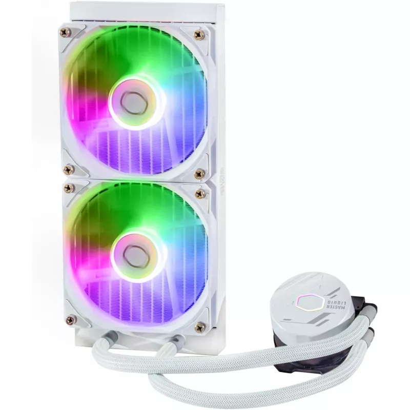 Flüssigkeitskühlungsset Cooler Master MasterLiquid 240L Core ARGB Weiß — 240-mm-Radiator, 120-mm-Lüfter, unterstützt LGA1700/AM5/AM4 und ältere Sockel