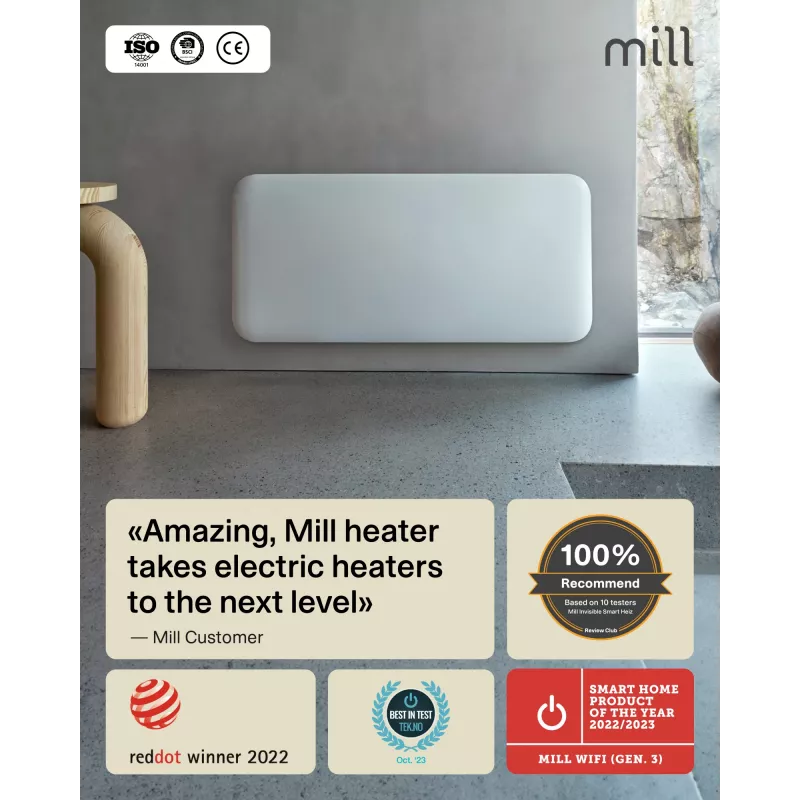 Mill WiFi Panel Heater | PA1500WIFI4A | Panel Heater | 1500 W | Geeignet für Räume bis 22 m² | Weiß | IPX4