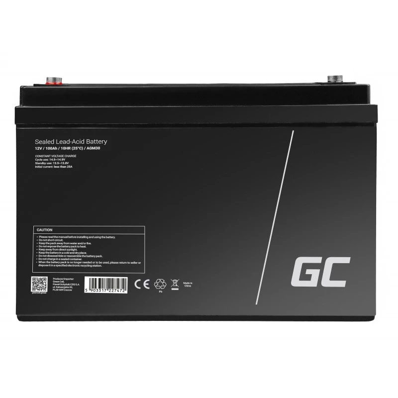 Fahrzeug-/Marine-Freizeitbatterie Grün Cell AGM30 12 V 100 Ah verschlossene Blei-Säure-Batterie (VRLA), wartungsfrei, 171×214×330 mm