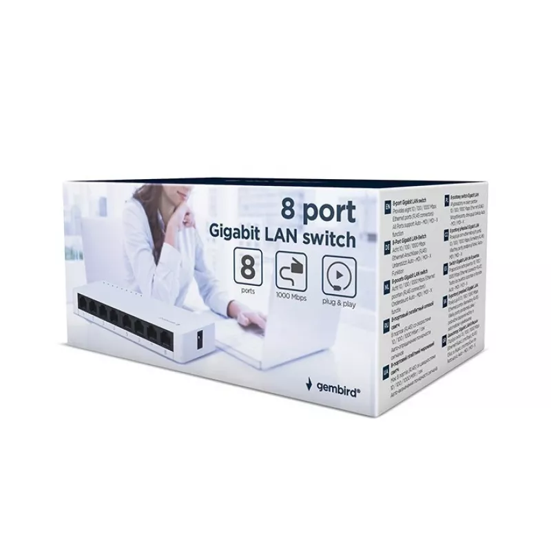 Unmanaged Switch GEMBIRD NSW-G8-01 – 8× Gigabit Ethernet (10/100/1000), Weiß, DC 5V