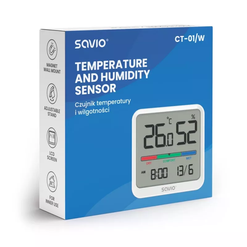 Innenraum-Temperatur- und Feuchtigkeitssensor SAVIO CT-01/W, LCD-Anzeige, -10–55 °C, 10–99 % rF, Batterie CR2032