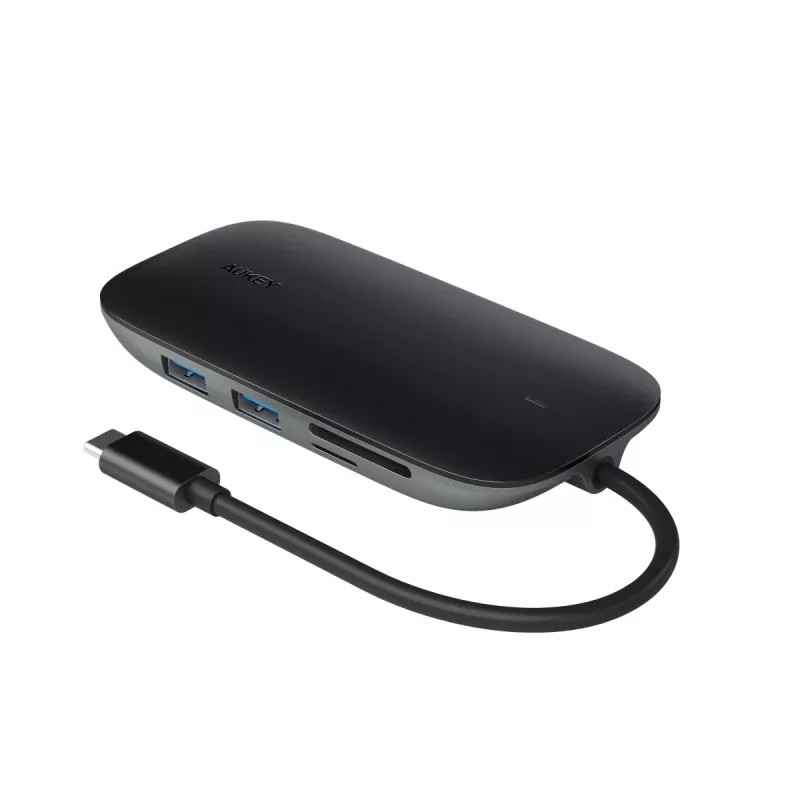 Laptop-Dock AUKEY CB-C71 — 3x USB‑C (USB 3.2 Gen1), HDMI, RJ‑45, MicroSD, USB PD 100 W, 0,15 m Kabel, schwarz