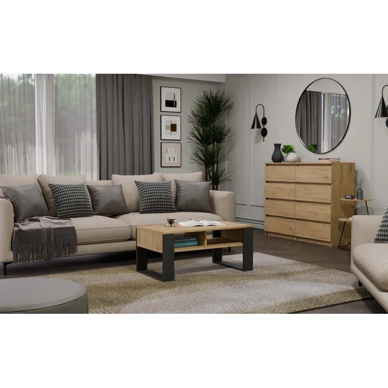 Couchtisch top e shop Modern 90×58×50 cm, anthrazitfarbener Rahmen, Regalböden in Eiche Artisan matt