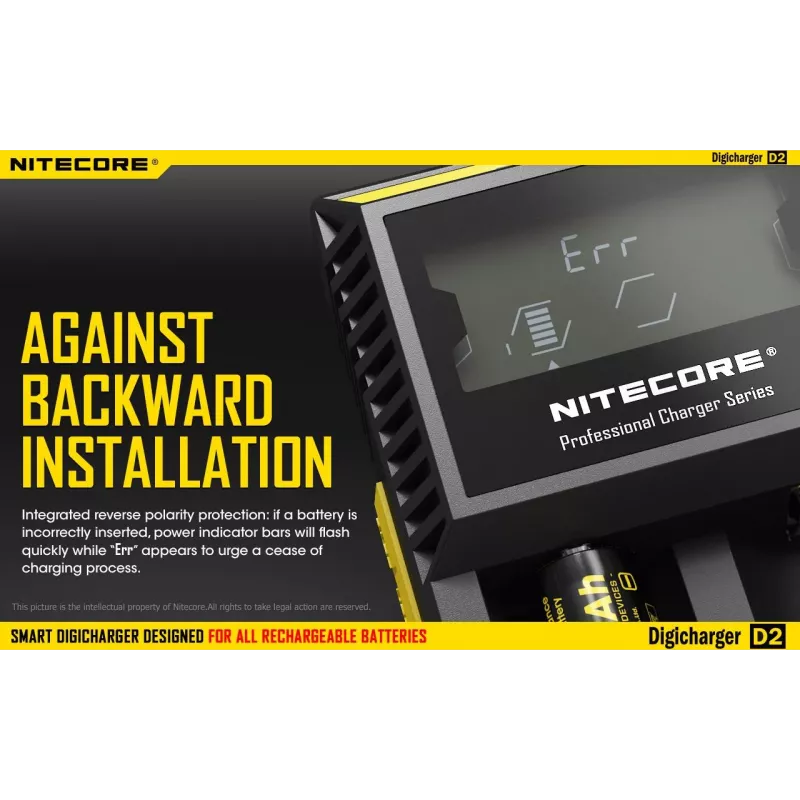 Batterieladegerät Nitecore D2 — 2‑Schacht-Ladegerät für AA/AAA/AAAA/C-Akkus, 100–240V Eingangsspannung, 4,2V Ausgangsspannung, schwarz