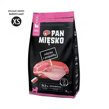 Trockenfutter für Welpen Pan Miesko Kalb mit Wachtel XS 9 kg — Junior Small Breed, 30% Protein, 20% Fett