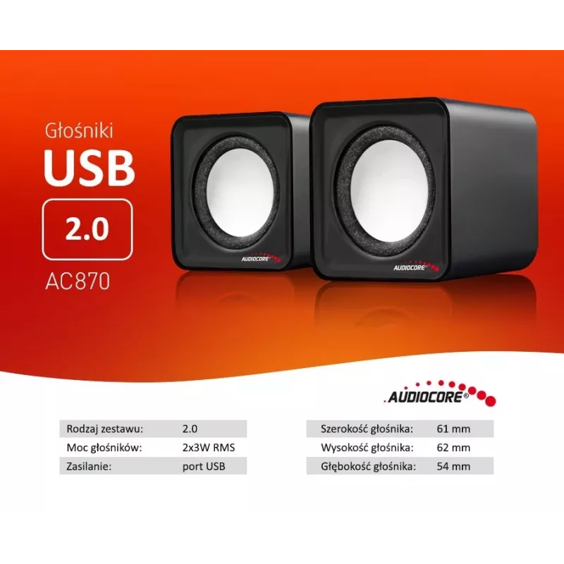 2-Wege-PC-Lautsprecher Audiocore AC870 B — 3 W RMS, kabelgebundene USB-Stromversorgung, 3,5-mm-Eingang, 2.0 Kanäle