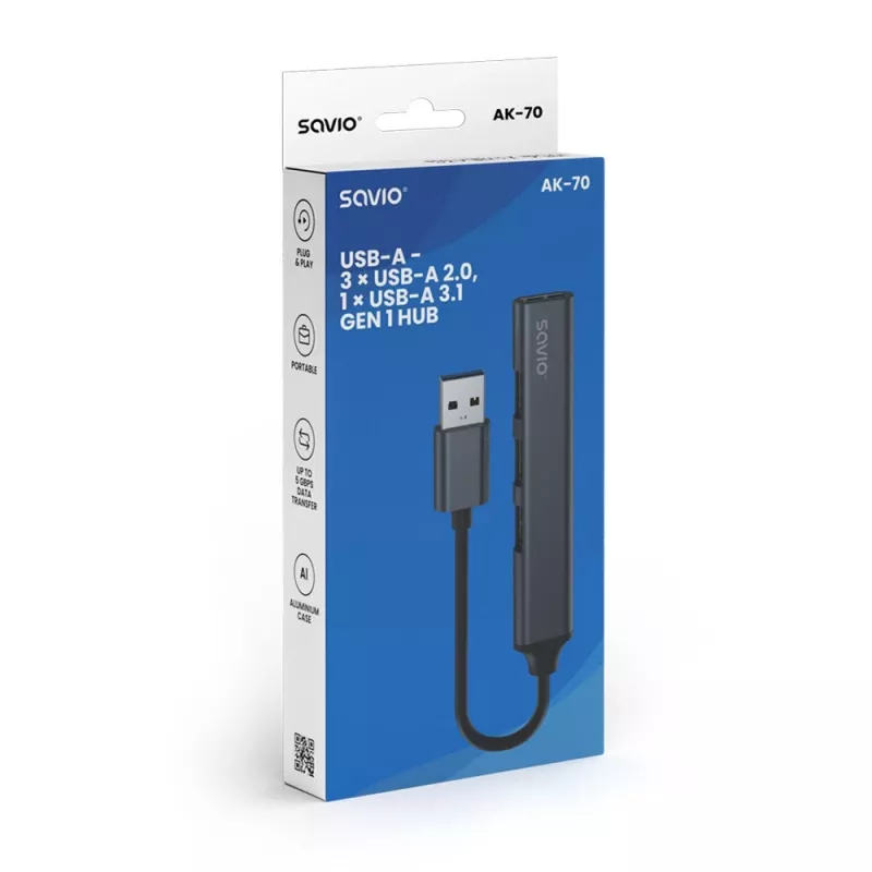 USB-Hub SAVIO AK-70, 7-Port USB 3.0, 4 nutzbare Ports, USB Typ-A Host, 5 Gbit/s Übertragung, Garantie 2 Jahre