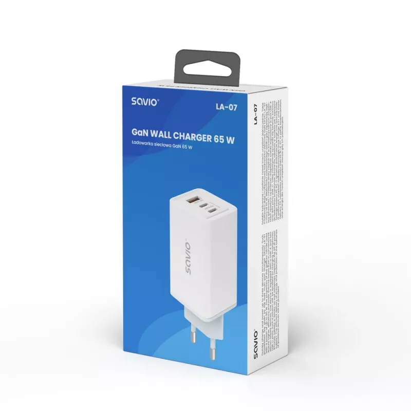 SAVIO LA-07 GaN 65W Netzteil, USB, QC4.0+, PD 3.0, Weiß