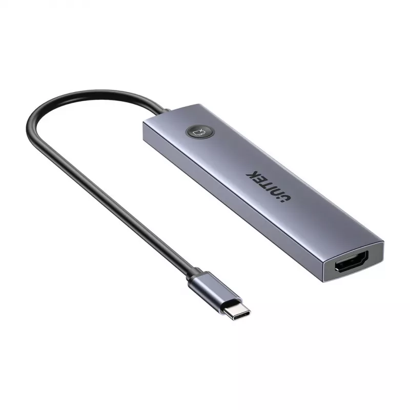 USB-C-Hub Unitek H1124AGY01 mit 100W PD, HDMI 2.0, 2x USB‑A, 2x USB‑C, SD/microSD-Kartenleser — Aluminium