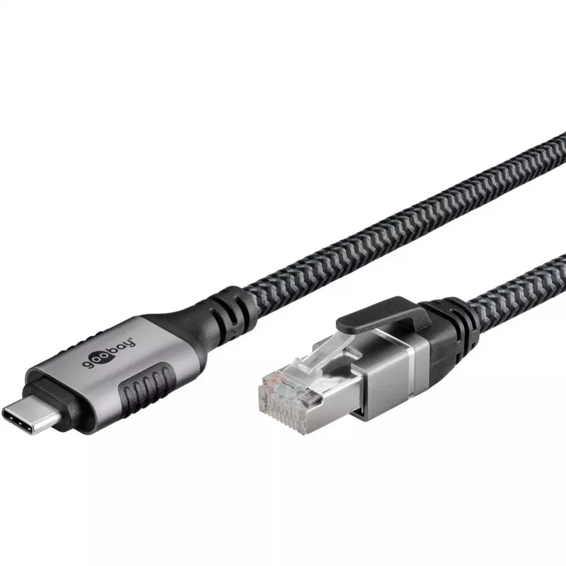 Ethernet-Kabel USB-C 3.2 Gen2 Stecker > RJ-45 Stecker, LAN-Adapter schwarz/Silber, 2 Meter, geflochtener Textilmantel