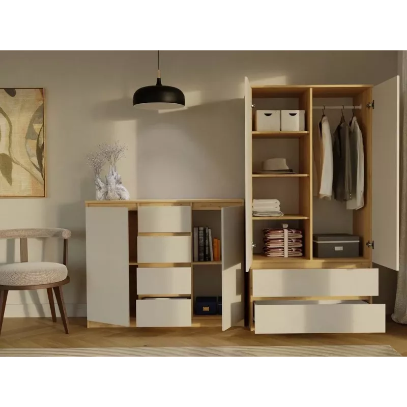 Kommode mit 2 Türen und 4 Schubladen, Artisan-Eiche/Kaschmirfarbe