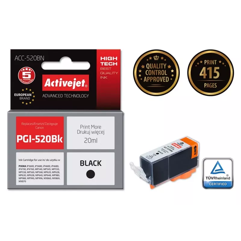 Kompatible Tintenpatrone Non-Branded ACC-520BN (Ersatz Canon PGI-520Bk), schwarz, pigmentiert 20 ml, hohe (XL) Reichweite