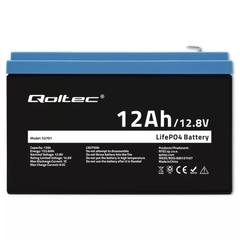 Qoltec LiFePO4 Lithium-Eisenphosphat-Akku 12,8 V 12 Ah 153,6 Wh mit BMS