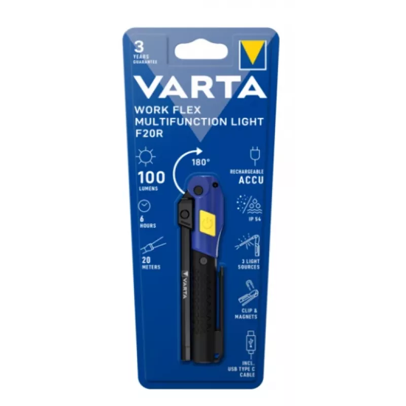 Hand-Arbeitsleuchte Varta Work Flex Schwarz LED, 100 lm, eingebauter Akku, 6 h, Aluminium/Nylon/PC/Gummi, 120 mm