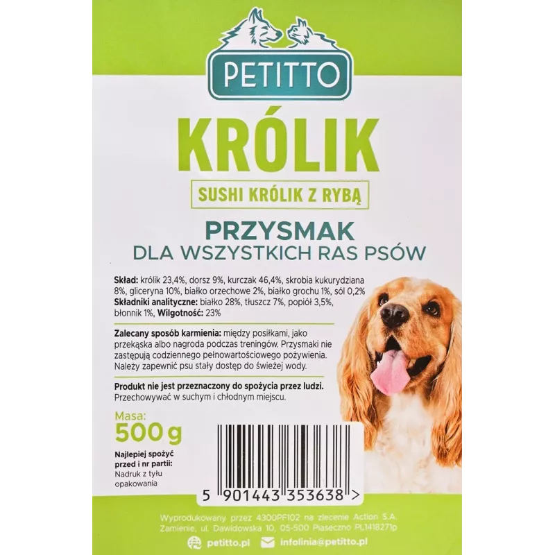 Hundetrainingsleckerlis PETITTO Sushi Kaninchen mit Fisch 500 g, Protein 28%, Fett 7%, Feuchtigkeit 23%